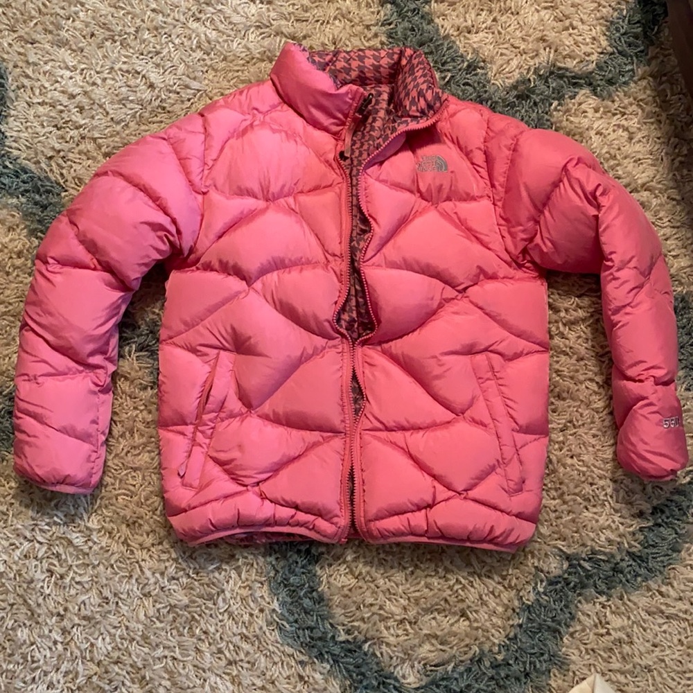 Pink and Houndstooth reversible North Face puffer